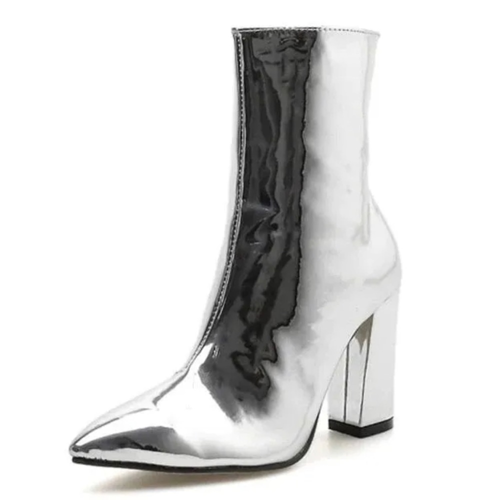 Patent Leather Chunky Heel Metallic Mirror Ankle Boots